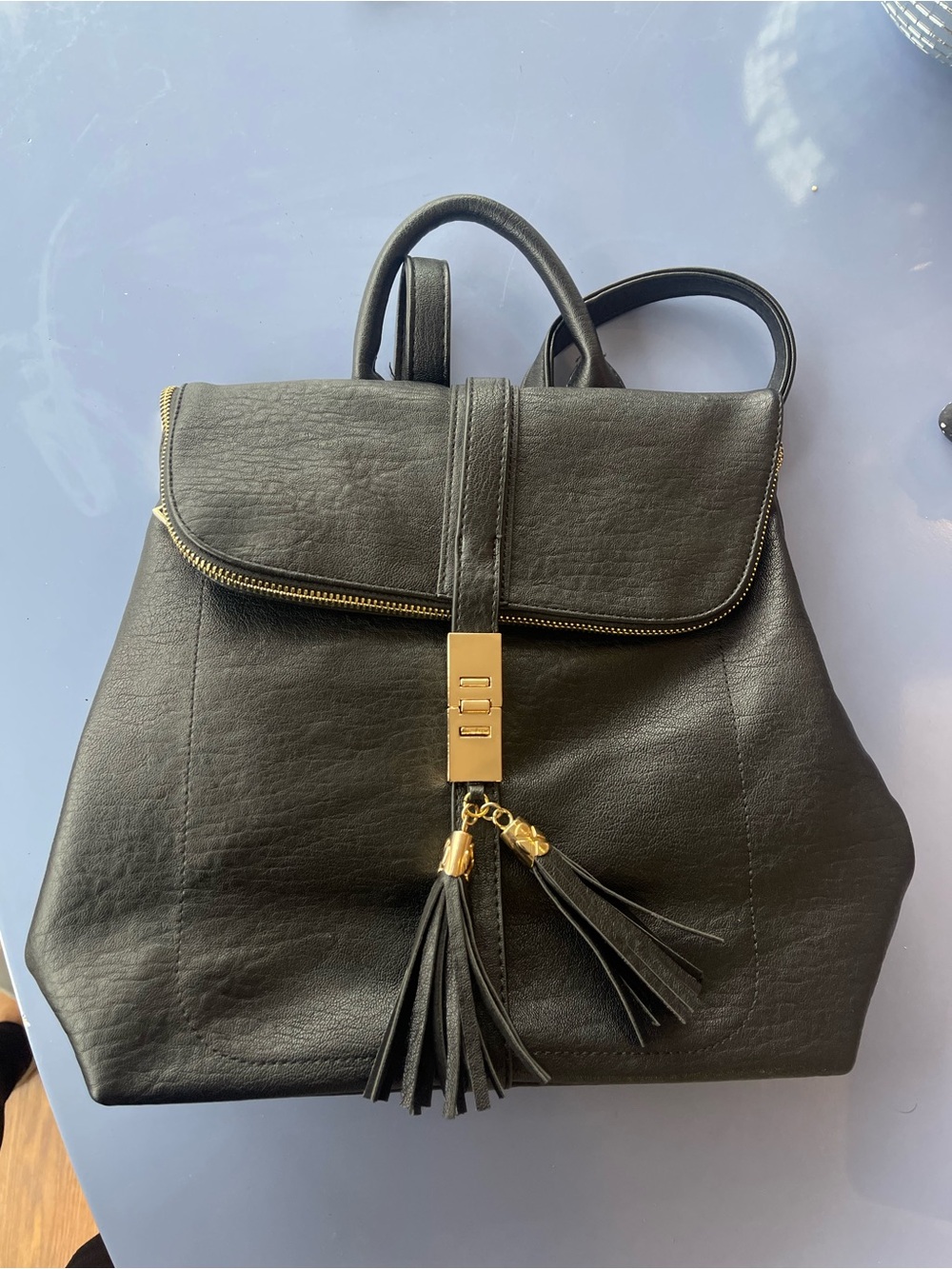 Miztique Black Faux Leather Tassel Backpack with Gold Hardware